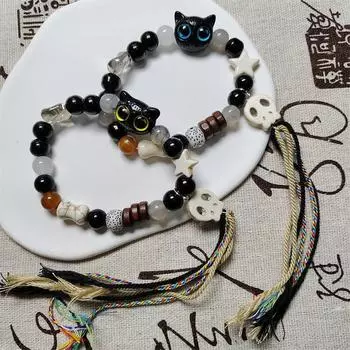 Керамические браслеты с большим глазом кошки, регулируемый размер, кисточки, плетеный браслет из веревки, аксессуары для черепов, украшения для рук