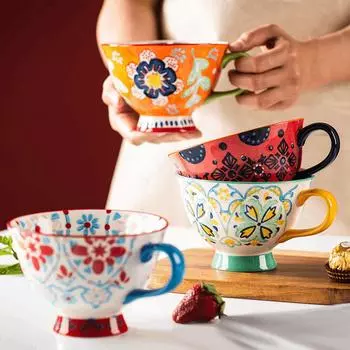 Керамические чашки, расписанные вручную цветочные узоры, ретро-креативные кофейные кружки для дома, завтрака, офиса, кружка для молока 420ml