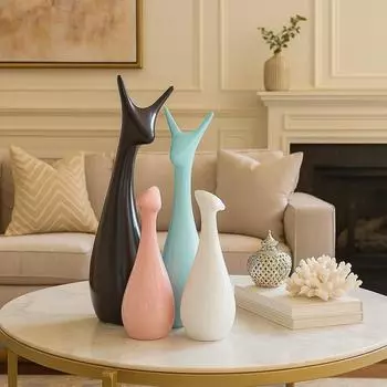 Керамические фигурки Lucky Deer Family с матовой отделкой для домашнего декора- (Набор из 4 шт., Небесный, Коричневый, Розовый, Кремовый)