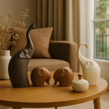 Керамические фигурки с матовой отделкой для домашнего декора Семья слонов - (Набор из 4 предметов, матово-коричневый)