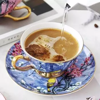 Керамические кофейные чашки и тарелки Flower Bird Набор для английского послеобеденного чая Flower Чайные чашки Чашки для воды Чашки для завтрака Молочная кружка Кофейная кружка 201-300ml розовый