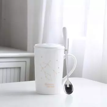 Керамические кружки 12 созвездий, креативные кружки с крышкой-ложкой, черная кружка, фарфоровая кружка со знаком зодиака, молоко, кофейная чашка, посуда для напитков, подарок для пар 1 белый