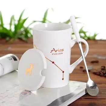 Керамические кружки 12 созвездий, креативные кружки с крышкой-ложкой, черная кружка, фарфоровая кружка со знаком зодиака, молоко, кофейная чашка, посуда для напитков, подарок для пар