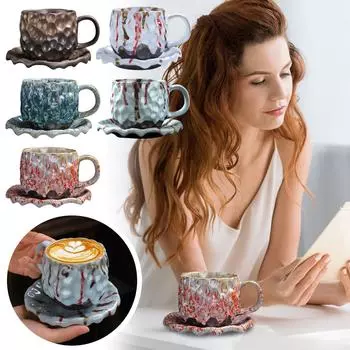 Керамические кружки для кофе, грубая керамическая кофейная чашка, ретро-кружка, непластиковая, 2024 г., новая красочная кружка с подносом - элегантный рождественский подарок One Size