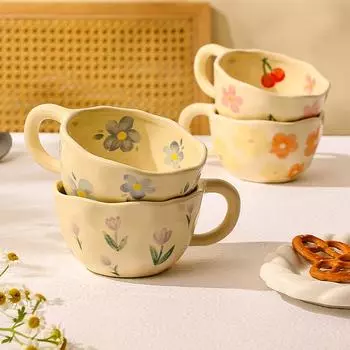 Керамические кружки с неровным цветком, сделанные вручную, кофейные чашки, молочные чайные чашки, кружки для завтрака с овсянкой в корейском стиле, кружки для напитков, кухонные чашки 200ml