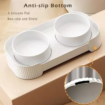 Керамические миски для кошек Миски для собак Поднятые миски для воды для кошачьего корма Противоопрокидывающиеся брызгозащищенные двойные миски для кошачьей еды Набор мисок для корма для домашних животных белый