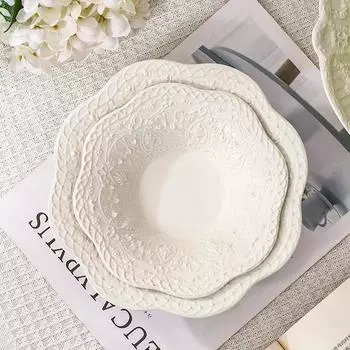 Керамические миски с рельефным кружевом Керамическая посуда с тиснением в стиле ретро Настольные миски для закусок Художественные керамические декоративные миски Домашняя посуда