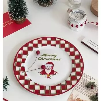 Керамические тарелки для ужина на рождественскую тематику. Домашняя тарелка для ужина. Десертное блюдо. Креативные ретро-тарелки для фруктов во французском стиле с изображением Санта-Клауса. 8 inches