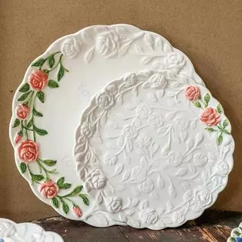Керамические тарелки с розами во французском стиле для ресторана, послеобеденного чая, десерта, фруктов, подноса для вечеринки, изысканной домашней посуды