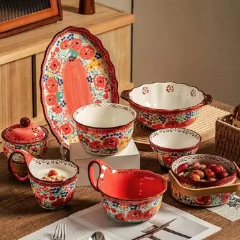 Керамические тарелки в стиле ретро-богемия, изысканные расписанные вручную цветы, бытовая посуда, уникальные изысканные миски для рамэна для ресторана