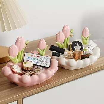 Керамические украшения в виде тюльпанов, креативные китайские украшения для гостиной, домашний поднос, керамический туалетный столик в виде тюльпанов, ящик для хранения 19x12.8x12.8cm