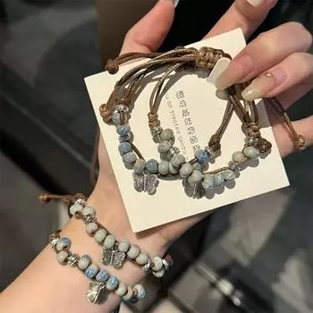 Керамический браслет из бисера ручной работы, винтажный эластичный браслет, элегантный ретро-стиль бохо, регулируемый браслет, ювелирные изделия для женщин