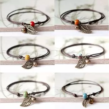 Керамический браслет из бисера, веревочная цепочка, винтажный кулон в виде листа, пара ювелирных изделий 1#