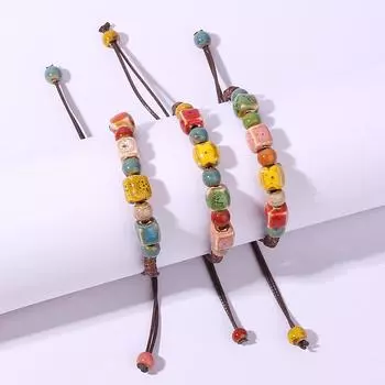 Керамический браслет в старинном этническом стиле с регулируемым браслетом из разноцветных бусин ручной работы разноцветный
