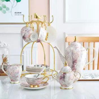 Керамический чайник и чашка с золотой инкрустацией, набор для питья, фиолетовая мраморная посуда, европейская керамическая кружка, сахарница, сливочник, принадлежности для послеобеденного чая и кофе