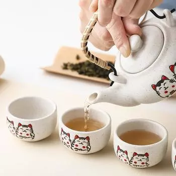 Керамический чайник Lucky Cat с 4 чашками чая, переносной китайский чайный сервиз в стиле кунг-фу, чайник 200 мл, чашка Maneki Neko