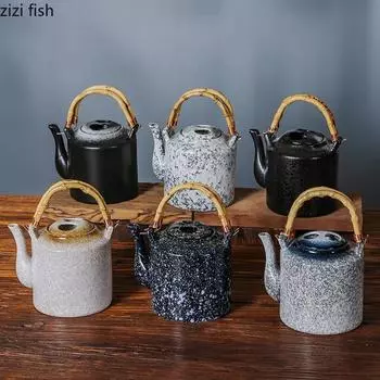 Керамический чайник в японском стиле с ручкой из бамбука и дерева, цветочный чайник, устойчивый к высоким температурам, ретро-чайник, специальный чайный набор