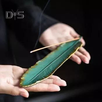 Керамический держатель для благовоний, золотой край, перо, китайский стиль, винтажная элегантная курильница, пеплоуловитель, украшение для дома, фестивальный подарок зелёный/золотой