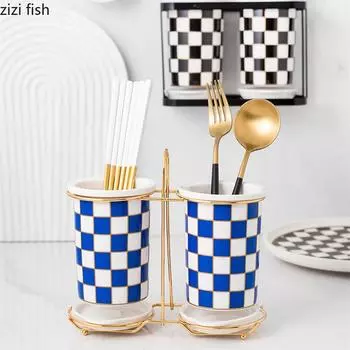 Керамический держатель для палочек для еды в шахматном порядке, подставка для сушки, корзина для палочек, коробка для палочек, ящик для столовых приборов, стеллаж для хранения, настенная полка чёрный