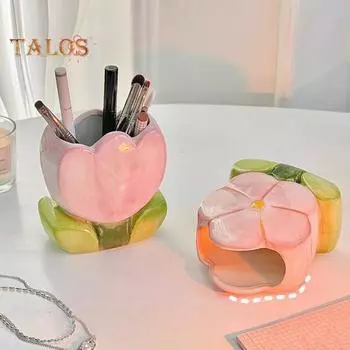 Керамический держатель для ручек в виде цветка, ручная работа, коробка для хранения косметики в виде тюльпана, органайзер для кистей для макияжа, держатель для карандашей в виде цветка для домашнего офиса E