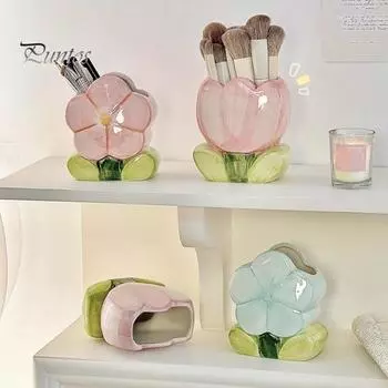 Керамический держатель для ручек в виде цветка, ручная работа, коробка для хранения косметики в виде тюльпана, органайзер для кистей для макияжа, держатель для карандашей в виде цветка для домашнего офиса B