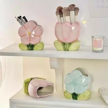 Керамический держатель для ручек в виде цветка Yousheng, ручная работа, коробка для хранения косметики в виде тюльпана, органайзер для кистей для макияжа, держатель для карандашей в виде цветка для домашнего офиса A