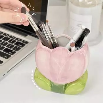 Керамический держатель для ручек в виде цветка, ручная работа, коробка для хранения косметики в виде тюльпана, органайзер для кистей для макияжа, держатель для карандашей в виде цветка для домашнего офиса D