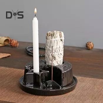 Керамический держатель мудрецов для сжигания благовоний и держатель свечной горелки Поднос для улавливания пепла Пало Санто Держатель палочки Пластина для размазывания для йоги Дзен чёрный