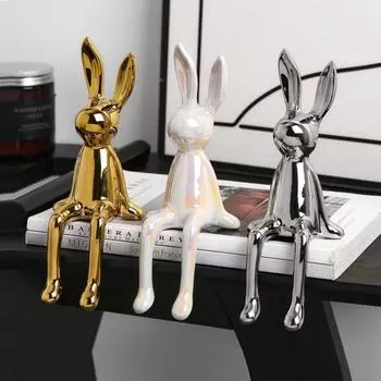 Керамический длинноухий сидящий кролик Современные статуи кроликов Фигурки животных Скульптура кролика Главная белый