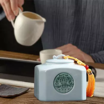 Керамический контейнер для чая, жестяная фарфоровая банка с кисточкой для гостиной дома бежевый