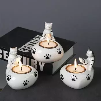 Керамический милый кот, свеча, чашка, украшения, мультяшный подсвечник с животными, праздничные украшения для пар, керамический подсвечник, украшение для дома белый