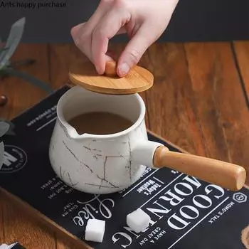 Керамический молочник с узором из белого золота, деревянная ручка, кофейник, кофейная посуда, кофейные принадлежности, настольный молочник с деревянной крышкой