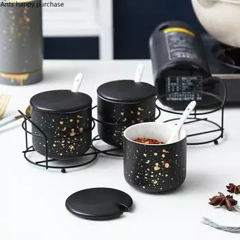 Керамический набор банок для специй, комбинированный для домашнего использования на кухне, коробка для специй из трех предметов с металлическим каркасом, солонка, сахарница, банка для приправ