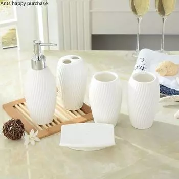 Керамический набор для ванной из пяти предметов WhiteWash Набор туалетных принадлежностей для ванной комнаты Стаканчик для рта Держатель зубной щетки Флакончик для лосьона Мыльница