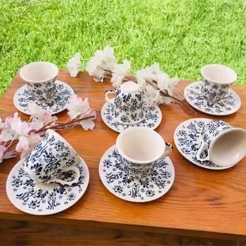 Керамический набор из 6 сине-белых чашек с ручной вышивкой WHITE LACE CUP