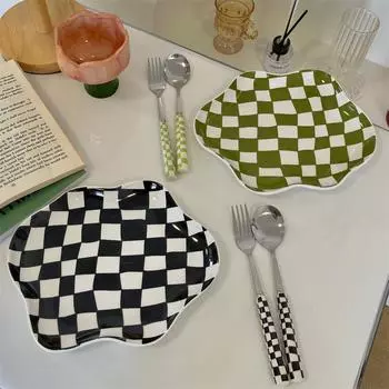 Керамический поднос в скандинавском стиле, креативный черно-белый шахматный узор, подносы для хранения ювелирных изделий, декоративные блюда для десертов, тарелка, украшение для дома