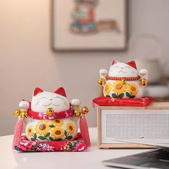 Керамический Подсолнух Манеки Неко Украшение Фарфоровая Кошка, Приносящая Удачу, Копилка Фигурка Украшение Талисман Центральная часть