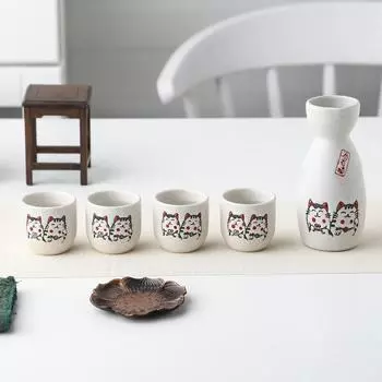 Керамический японский набор для сакэ Lucky Cat, винный горшок с 4 винными чашками, фарфоровая бутылка Tokkuri, чашка для соджу, пригодная для использования в микроволновой печи