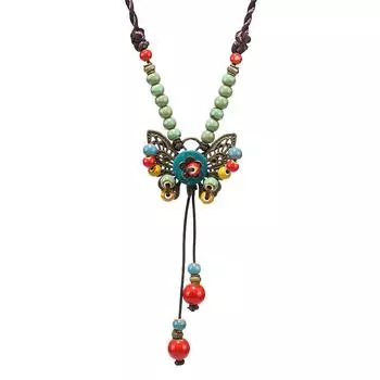 Керамическое ожерелье-бабочка в этническом стиле, ретро-арт, хлопковые аксессуары из конопли, цепочка для свитера, женская длинная подвеска с кисточкой Mori