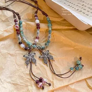 Керамическое ожерелье в виде бабочки в средневековом стиле с длинной цепочкой с кисточками на ключицу X1404 серебряный