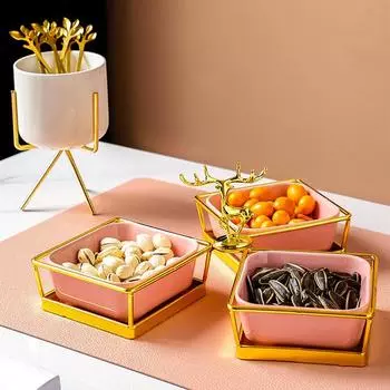 Керамика Северной Европы Тарелка для закусок Зеленая Белая Розовая Лосяшка Три Сетки Чаша для закусок Домашняя Тарелка для сухофруктов Декоративная посуда зелёный