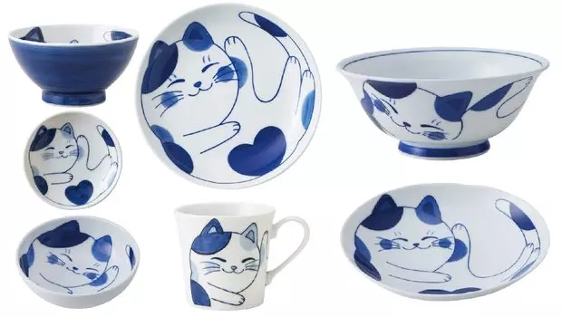 керамика столовая посуда Nekogura легкая столовая посуда из керамики Mino ware Cat s (Майк) Набор из 7 предметов, (Усукару), Япония, белый