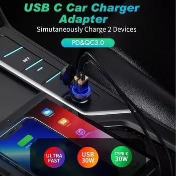 Kewig Модернизированное автомобильное зарядное устройство USB C мощностью 60 Вт с быстрой зарядкой 3.0 PD USB FCP SCP для iPhone Xiaomi Samsung Быстрая зарядка автомобильного зарядного устройства для телефона