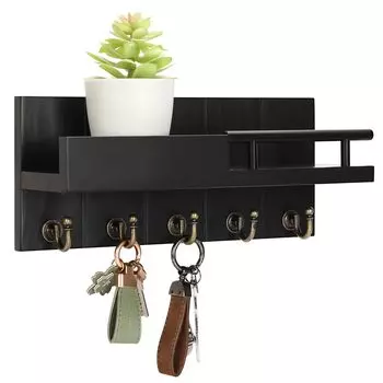 Key and Mail Holder for Wall Decorative Wood Key Holder with Shelf Hanging Hats Keys Dog Leashes Sunglasses for Entryway чёрный