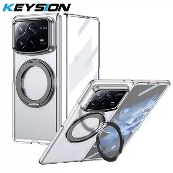 KEYSION 360° Rotating Magnetic Ring Stand Case for Xiaomi MIX Fold 4 Transparent Hard PC Phone Cover with Glass Screen Protector for Xiaomi MIX Fold 4 чёрный