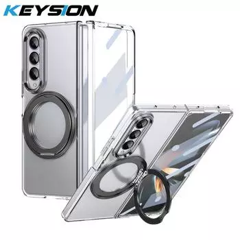 KEYSION 360° Rotating Magnetic Ring Stand Case for Samsung Galaxy Z Fold 4 3 5G Transparent Phone Cover with Screen Protector for Galaxy Z Fold 4 чёрный