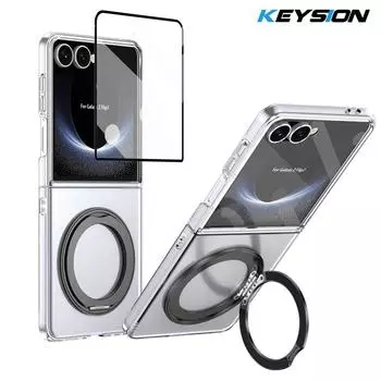 KEYSION 360° Rotating Magnetic Ring Stand Case for Samsung Galaxy Z Flip 7 5G Transparent PC Phone Cover with Screen Protector for Galaxy Z Flip 7