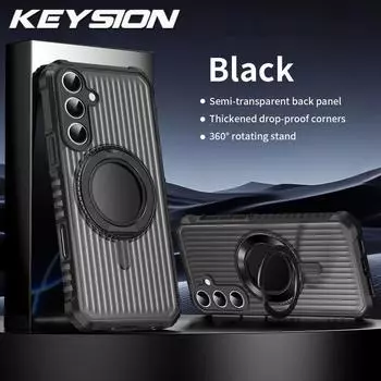 KEYSION 360° Rotating Ring Stand Case for Samsung Galaxy S25 Ultra S25+ Edge S24 FE Transparent Magnetic Shockproof Phone Cover for Galaxy S25 чёрный