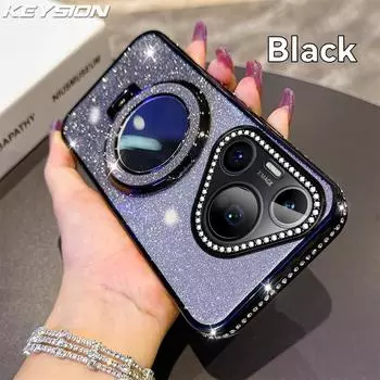 KEYSION Блестящий магнитный чехол с драгоценными камнями для телефона Huawei Pura 70 Pro, чехол-подставка с зеркалом для макияжа, противоударная крышка для Huawei Pura 70 for Huawei Pura 70 чёрный
