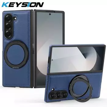 KEYSION Чехол из искусственной кожи MagSafe для Samsung Z Fold 6 5 4 3 5G с вращающимся на 360° магнитным кольцом-подставкой и функцией беспроводной зарядки for Galaxy Z Fold 6 синий
